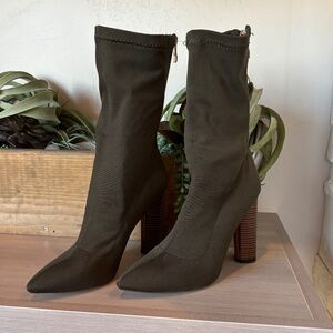 Stretch-Knit Sock Booties in Olive Green